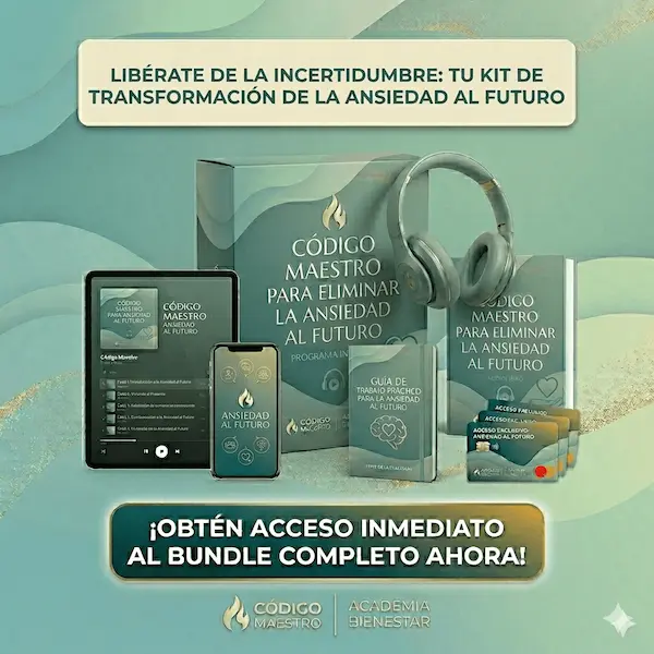Paquete premium de audiolibros de Código Maestro diseñados para superar la ansiedad hacia el futuro y fortalecer el desarrollo personal.