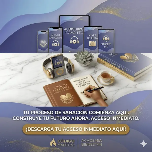 Paquete premium de audiolibros de Código Maestro enfocados en el desarrollo personal y en superar una ruptura por engaño.