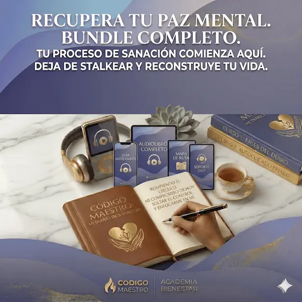 Paquete premium de audiolibros de Código Maestro enfocados en el desarrollo personal y en superar el stalkeo tras una ruptura.