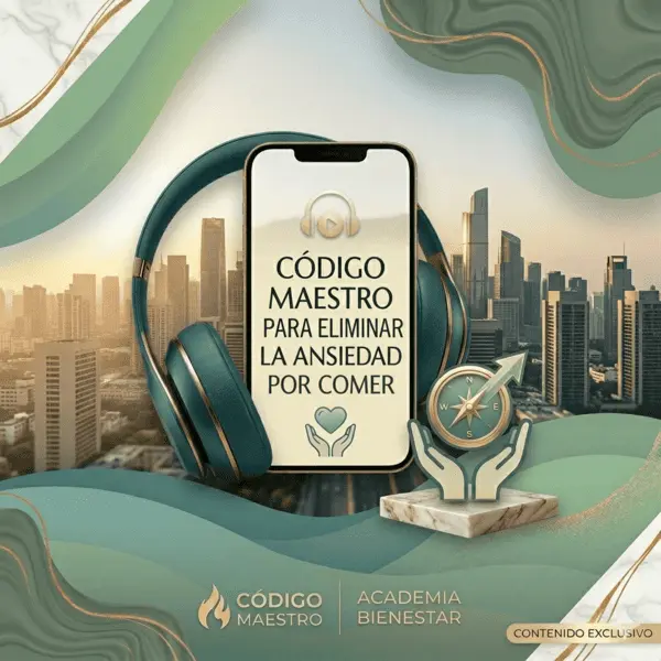 Maqueta digital o mockup del audiolibro de Código Maestro para superar la ansiedad por comer desde el desarrollo personal.
