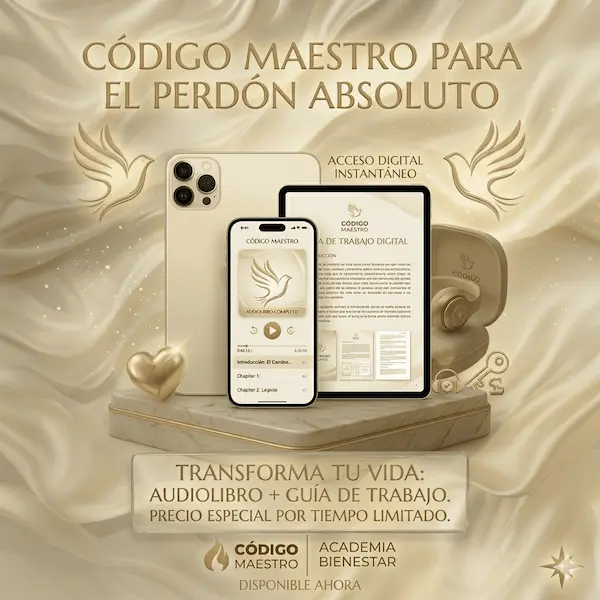 Maqueta digital o mockup del audiolibro Perdón Absoluto de Código Maestro enfocado en superar el pasado y sanar las emociones.