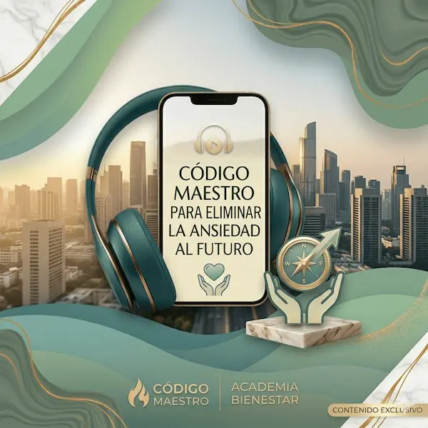 Maqueta digital o mockup del audiolibro de Código Maestro para superar la ansiedad hacia el futuro y cultivar la paz mental.