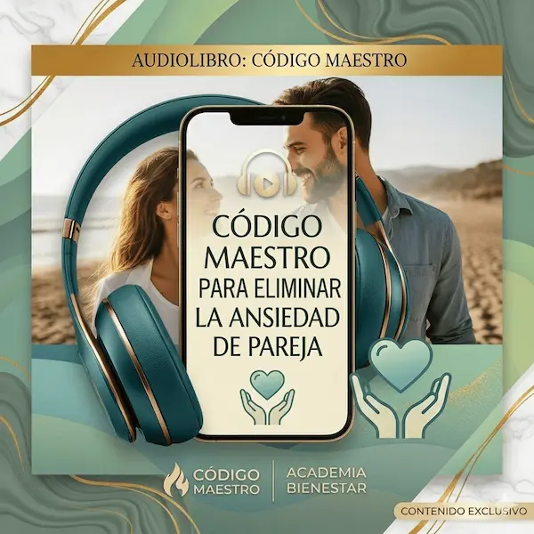 Maqueta digital o mockup del audiolibro de Código Maestro para transformar y superar los desafíos de la ansiedad en pareja.