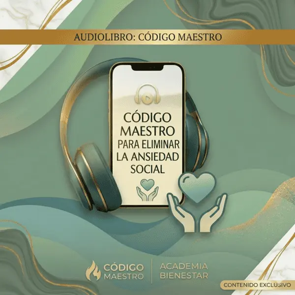 Maqueta digital o mockup del audiolibro de Código Maestro para transformar la ansiedad social y mejorar las relaciones interpersonales.