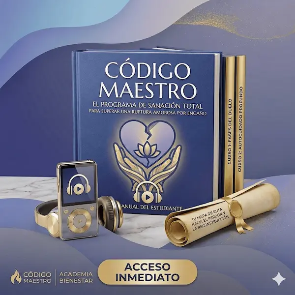 Maqueta digital o mockup del audiolibro de Código Maestro para transformar el dolor y superar una ruptura por engaño.