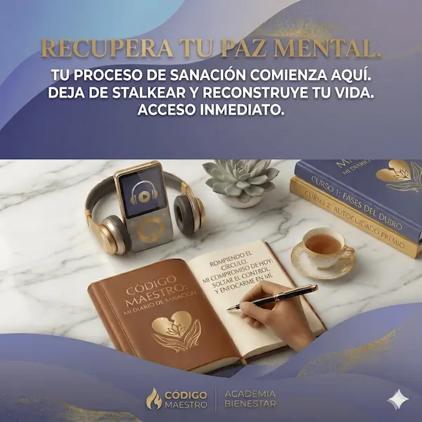 Maqueta digital o mockup del audiolibro de Código Maestro para superar la necesidad de stalkear a tu expareja y sanar emocionalmente.