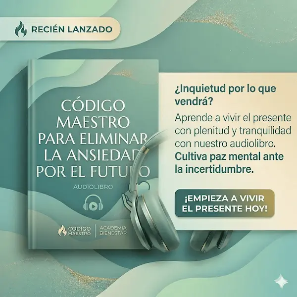 Portada del audiolibro de Código Maestro diseñado para superar la ansiedad hacia el futuro y promover el bienestar emocional.