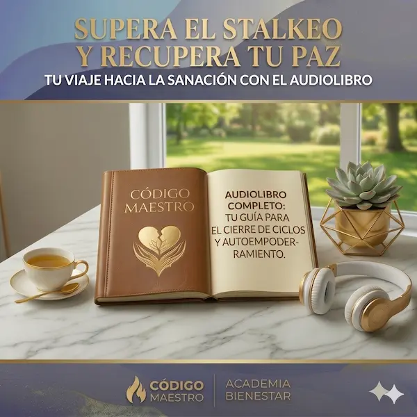 Portada del audiolibro de Código Maestro diseñado para superar el stalkeo después de una ruptura de pareja y recuperar la paz mental.