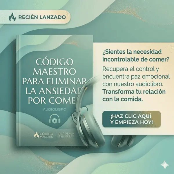 Portada del audiolibro de Código Maestro diseñado para transformar la ansiedad por comer y promover el bienestar emocional.